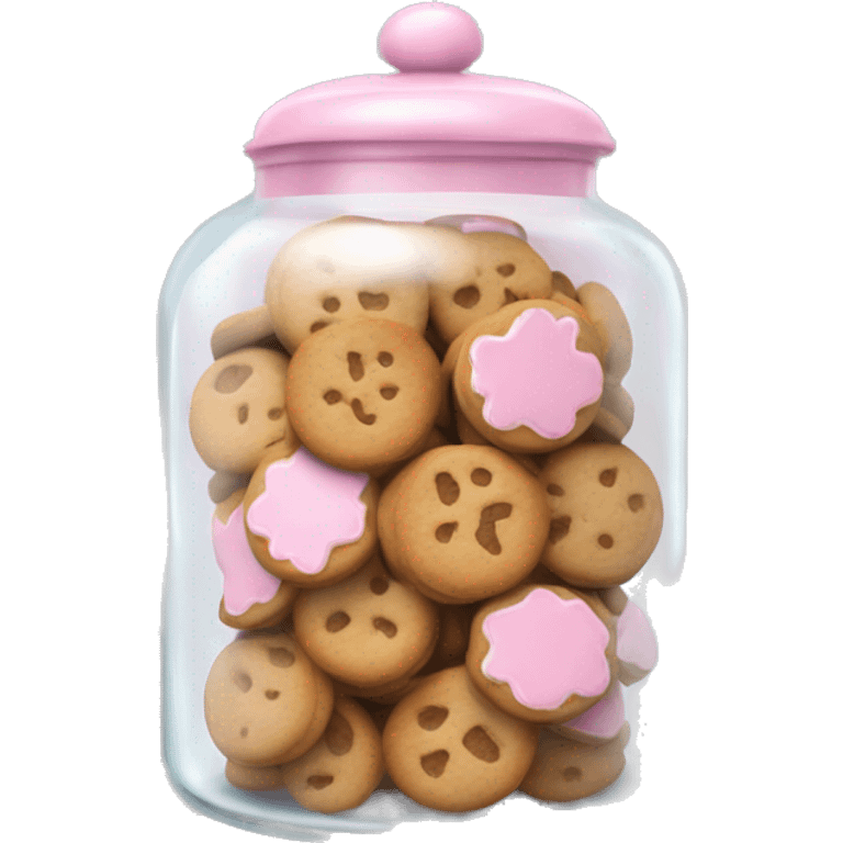 Realistic glass cookie jar with light pink lid full of gingerbread cookies isolated.  emoji