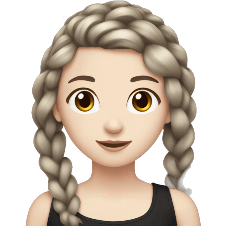 girl with pale skin and brown hair with silver ends, pulled into a braid, wearing black emoji