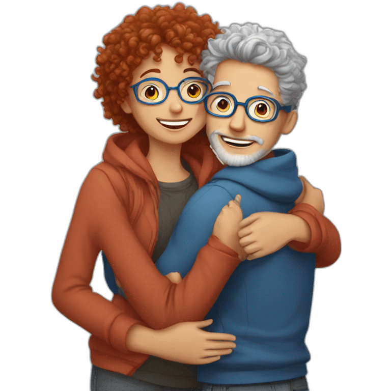 a girl with red curly hair and blue glasses hugging a boy with gray hair emoji