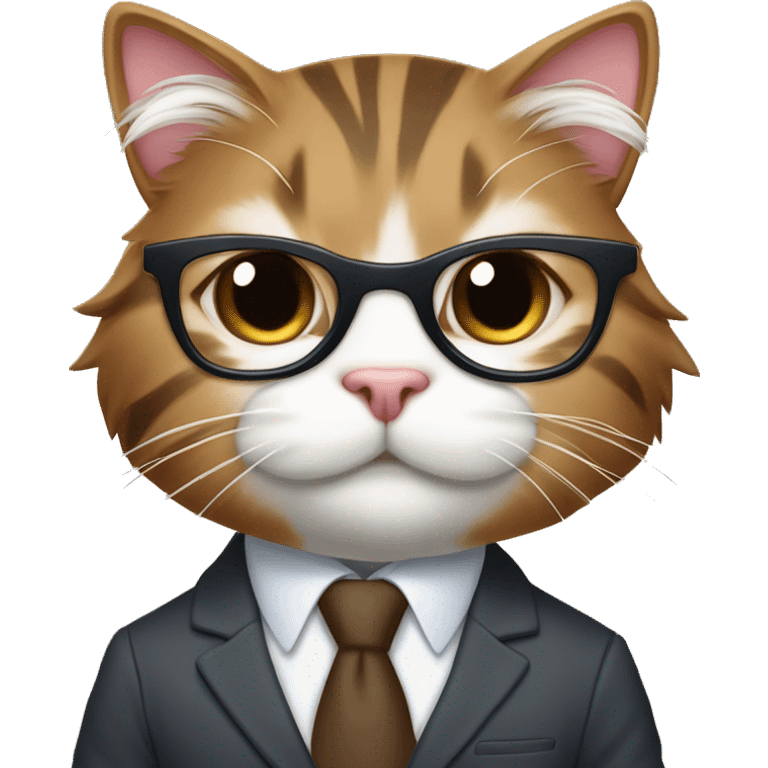 an anthropomorphic brown and white tabby cat with long fur, glasses, wearing a suit emoji