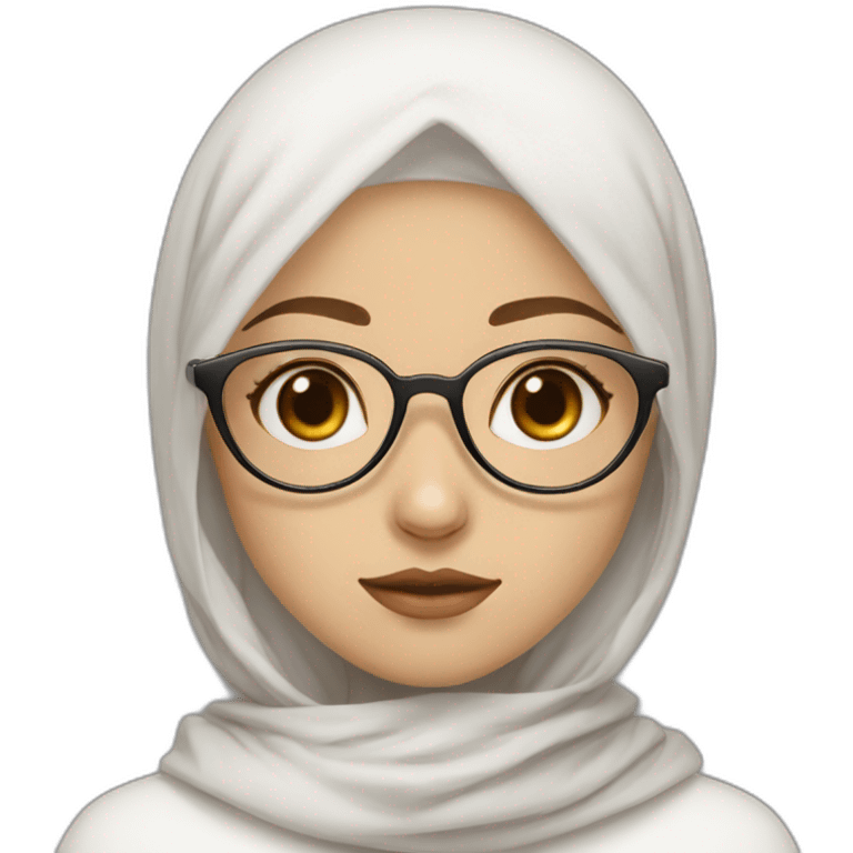 Hijab white fair skin girl brown eyes wearing round circular metal glasses, no make up, small lips,big cheeks, almond eyes, triangle nose emoji