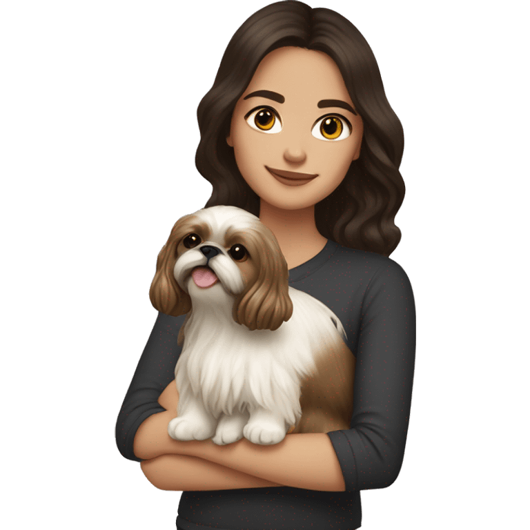 Young dark brunette hair woman with a golden shih tzu in her arms long wavy hair emoji