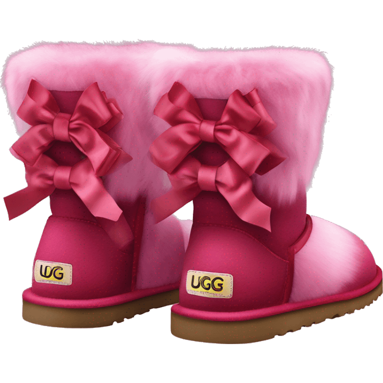 Realistic pair of raspberry color Ugg fur boots with silk ribbon bows. emoji