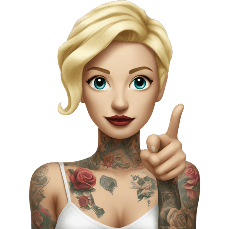 Blonde elegant women, her Body Covered with Tattoos, POINTING YOU with her HAND , Hyper realistic emoji