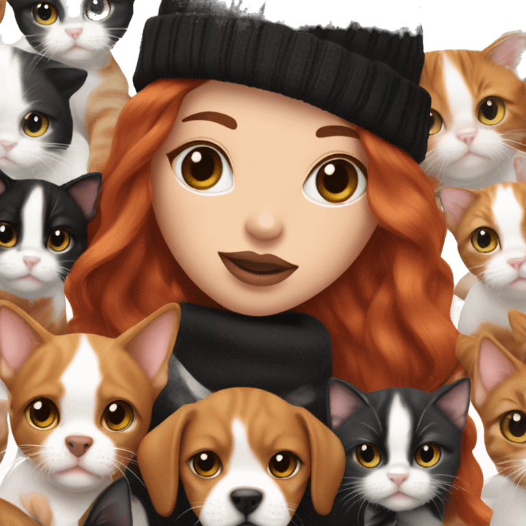 Long Red haired woman in beanie with septum piercing holding black and white English Staffordshire puppy and tabby cat emoji