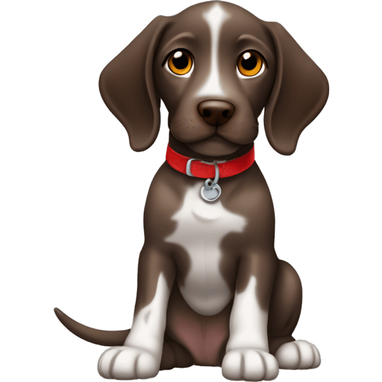 Brown spotted German short haired pointer puppy with ticking with red collar  emoji