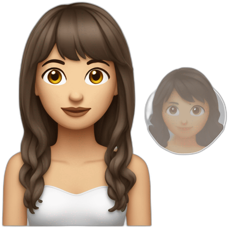 Femme brune frange cheveux mi long, yeux bleus et peau blanche avec boucle d’oreille argenté emoji