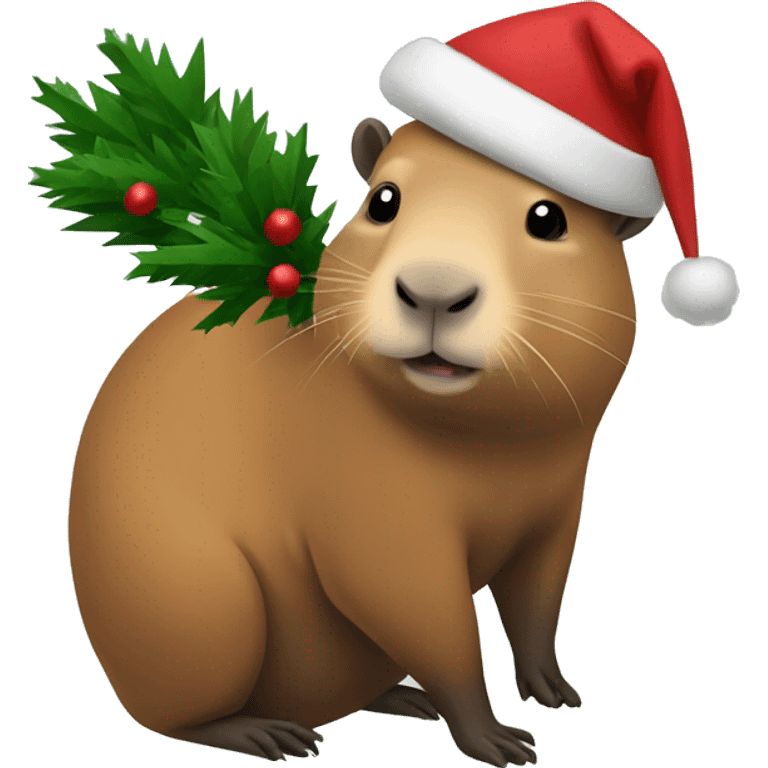 A capybara holding a Christmas tree emoji