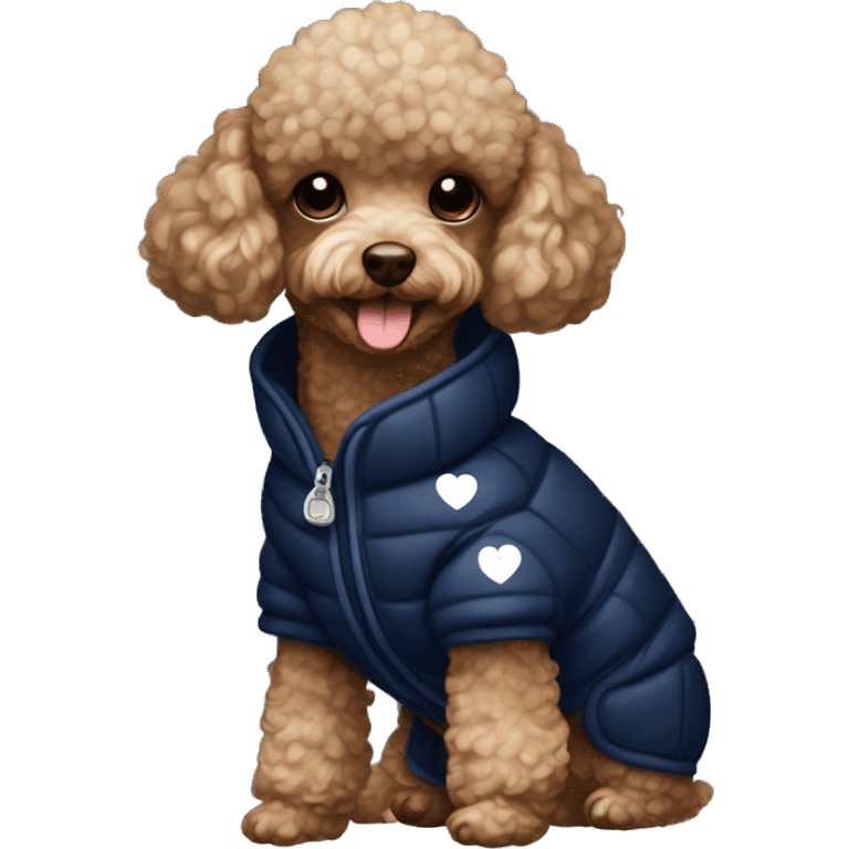 Brown toy poodle wearing a navy blue puffer jacket with several white hearts pattern  emoji