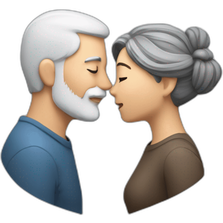 image of woman with dark brown hair kisses and hugs man with gray hair and white beard with floating hearts emoji