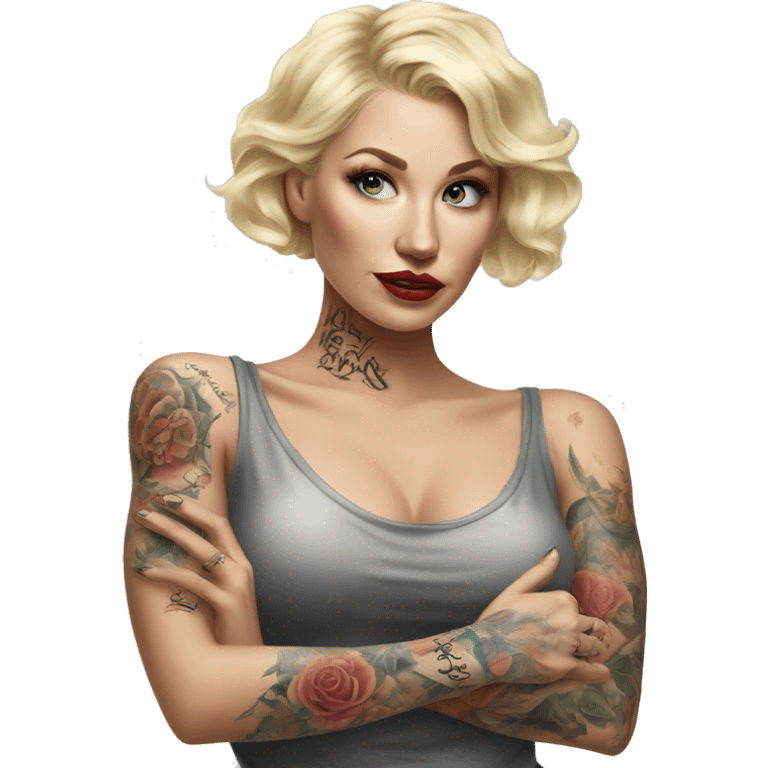 Blonde elegant women, her Body Covered with Tattoos, POINTING YOU with her ONE HAND , Hyper realistic emoji