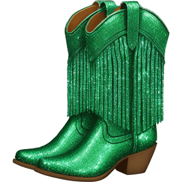 Realistic emerald green fashion cowgirl boots with sparkly shiny glitter fringe on them. emoji