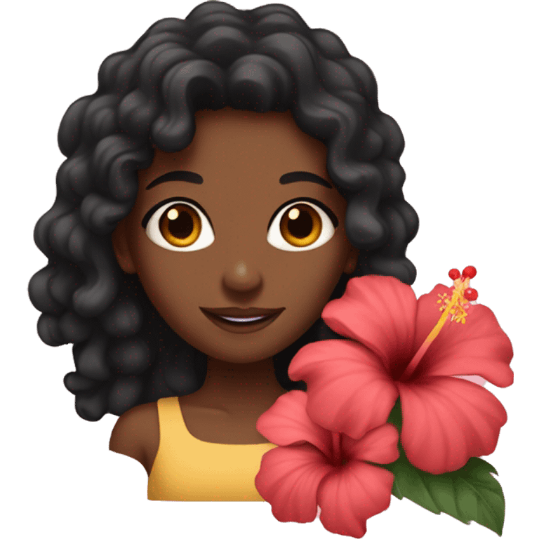 Girl with brown skin with black curly hair holding hibiscus flowers emoji