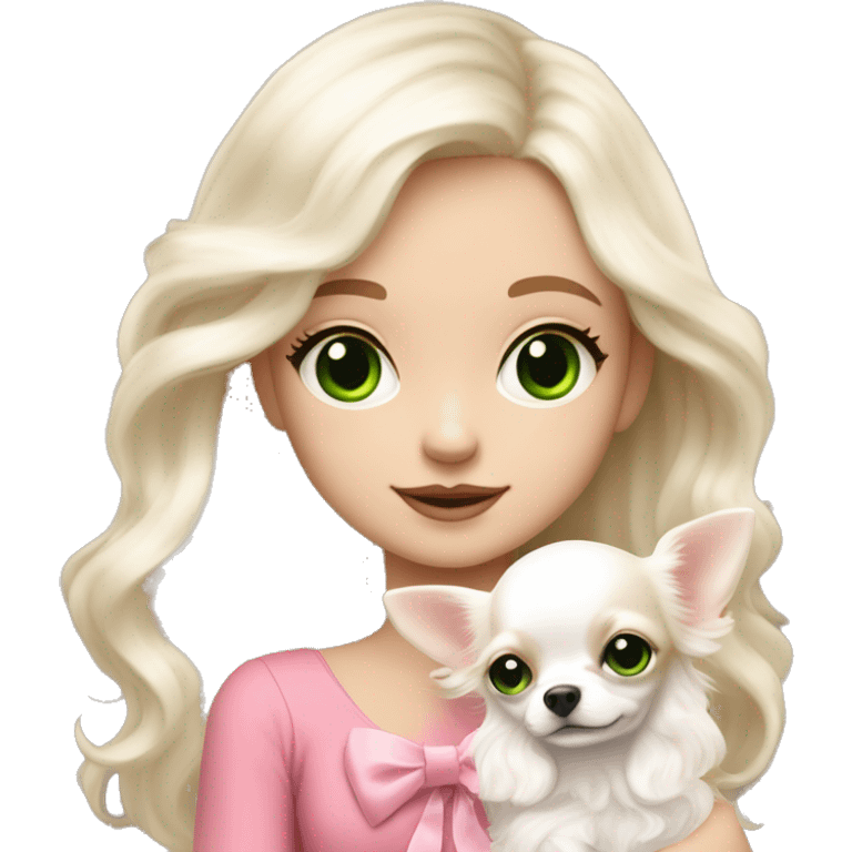 pale blond yt girl with wavy long platinum white hair with bright green eyes holding a white chihuahua puppy that wearing a pink bow emoji