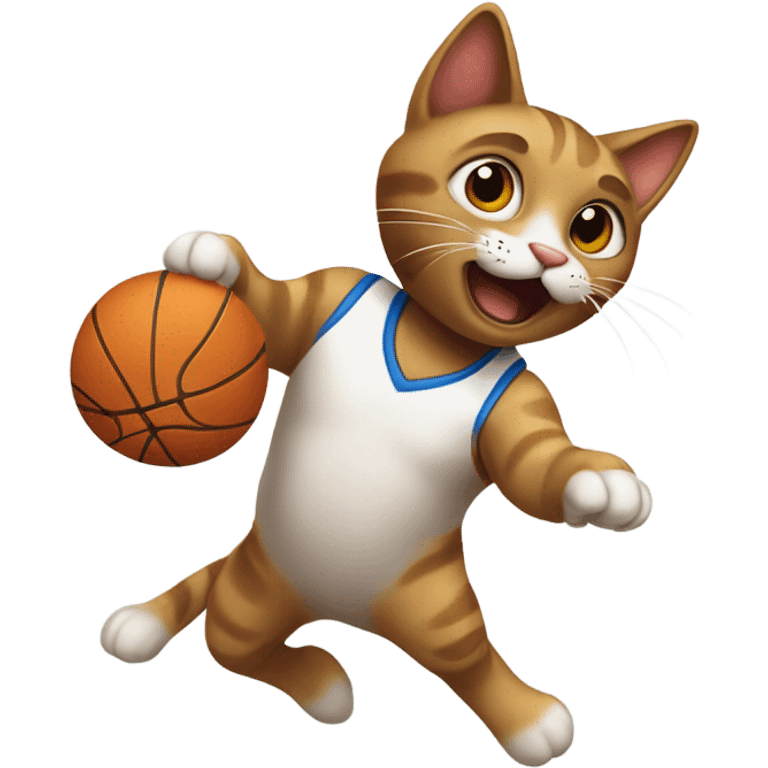 cat jumping dramatically with basketball ball in hand looking like its about to dunk (no hoop) emoji