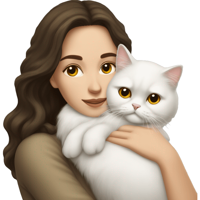 Brunette woman snuggling white Persian cat emoji