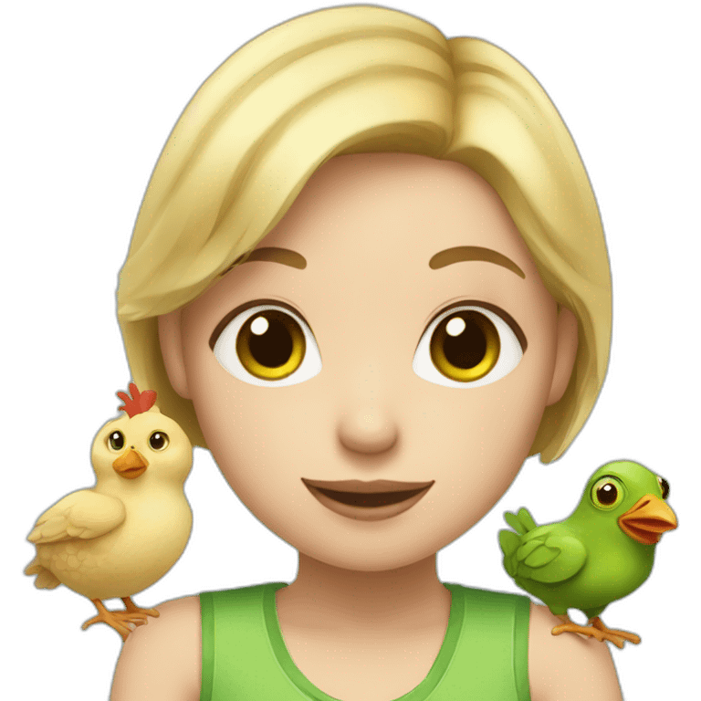 girl with short blond hair with green eyes and pet frog and two chickens emoji