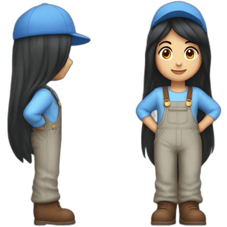 Jackie is a mario fan girl with long black hair who wears a light blue shirt and light blue cap and blue overalls and brown boots emoji