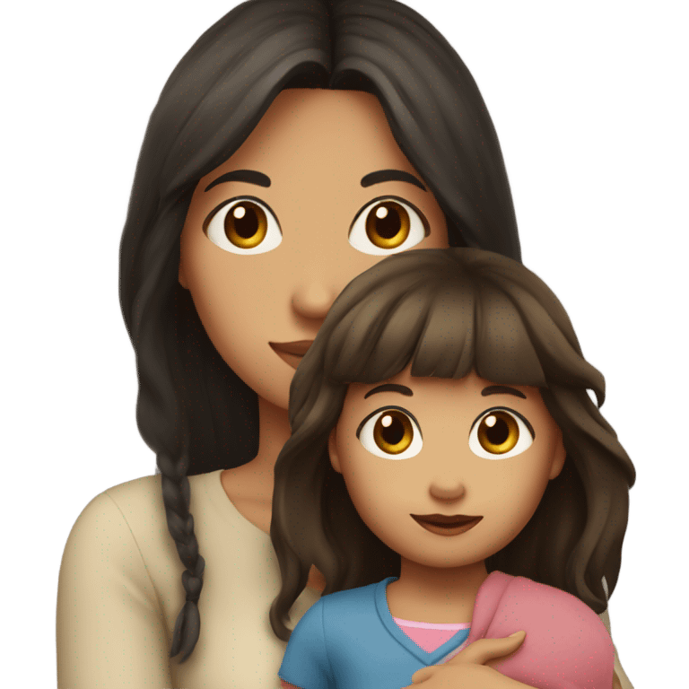 girl with long dark hair with bangs and brown eyes and her toddler emoji