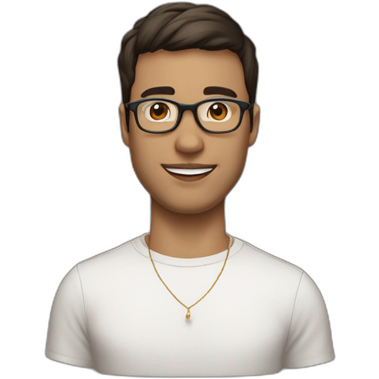 guy with clear glasses and earring in left ear, dark eyes, short brown hair with a fringe, large lips emoji