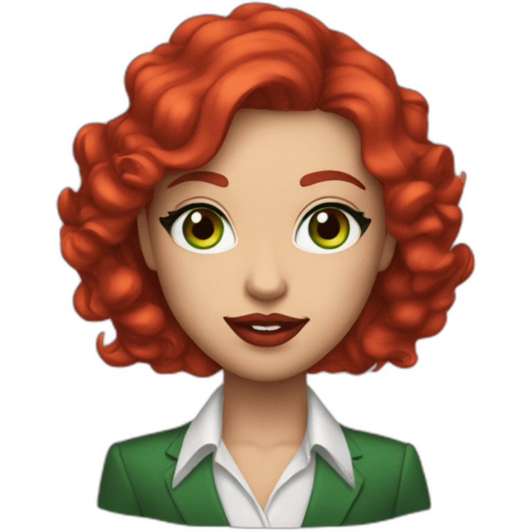 Green eyes, red hair canadian with formal clothes and red lipstick and makeup emoji