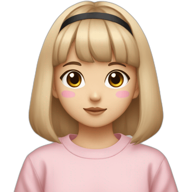 young korean girl with straight bangs and beige face mask and black headband and pink crewneck sweatshirt holding eevee emoji