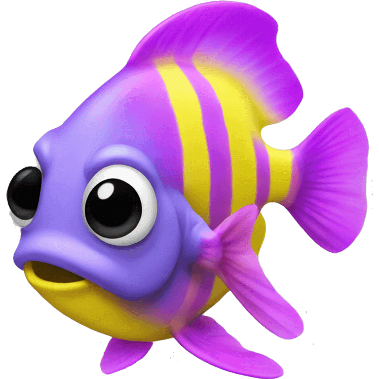 royal gramma tiny fish with purpleish pink front face and half front of body, neon yellow back half and black dot on top fin emoji