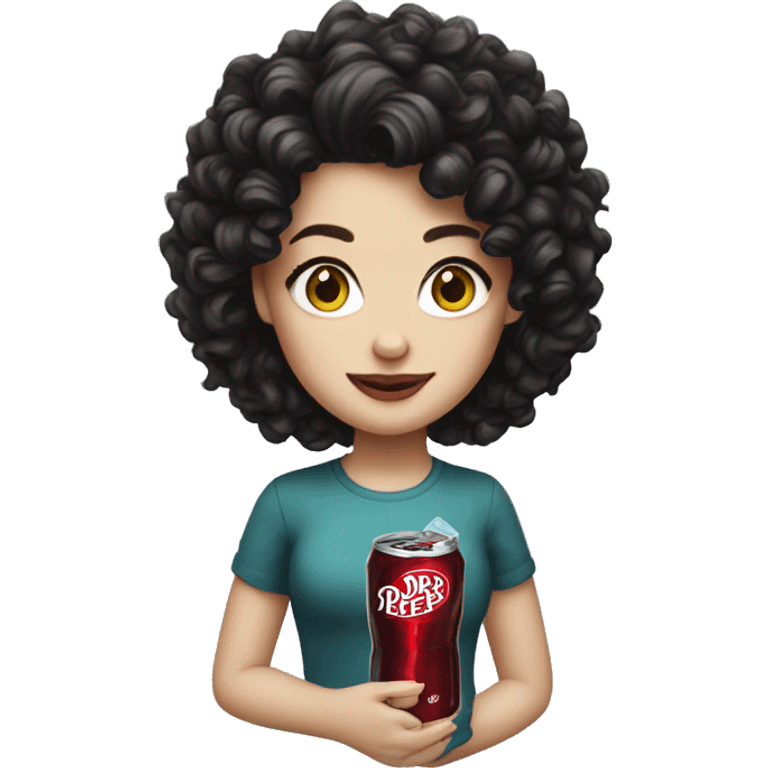 white girl with black curly hair holding a dr pepper  emoji