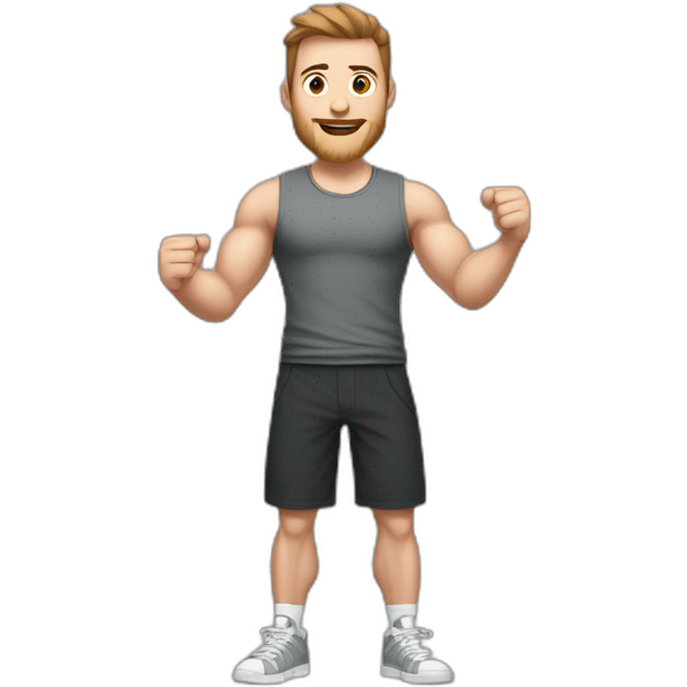 Full height Actively gesturing with hands Pale skinned Fit Man With the biceps and brown hair in dark gray Sleeveless Mike, black oversize sports shorts, watch and white Sneakers emoji