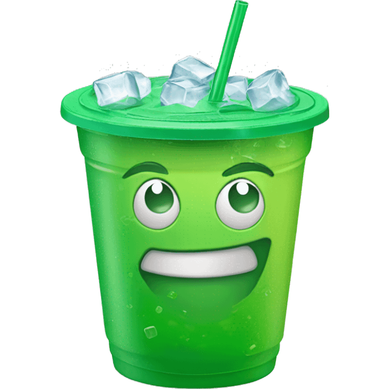 Realistic plastic cup and lid with green soda and large ice cubes inside and straw through the top of the lid. emoji