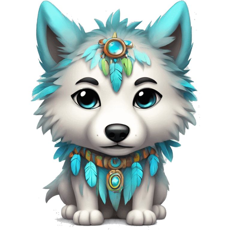 Fluffy Shy Colorful Chibi Spiritual Shamanic Wolf With Shiny Tribal Markings wearing feathers Full Body emoji