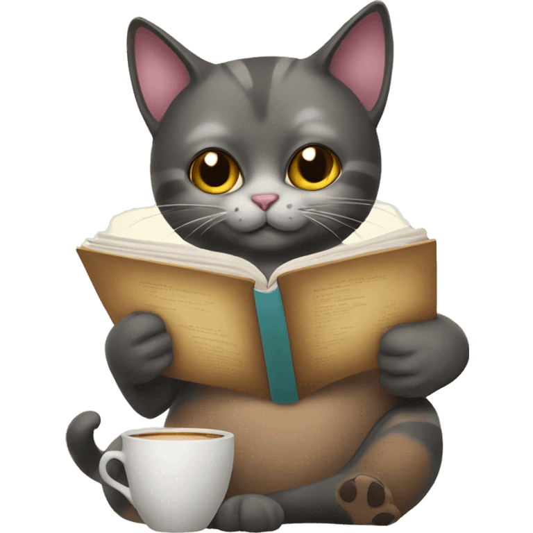 cat holding a cup of coffee and reading a book emoji