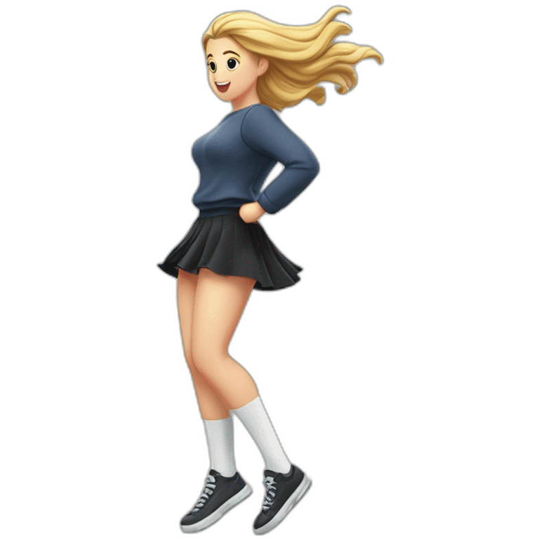 alistic-full-body-caucasian-curvy-beauty-jumping-short black-skirt-back-and-front-views-strong-wind-knickers-long-white-socks emoji