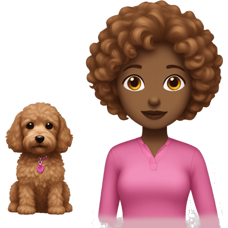 Girl brown hair in pink + mini goldendoodle  emoji