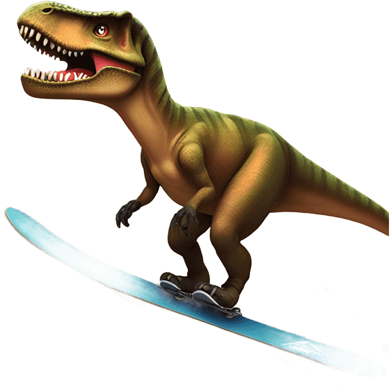 A t-rex wearing sunglasses riding a snowboard down a volcano that’s erupting emoji