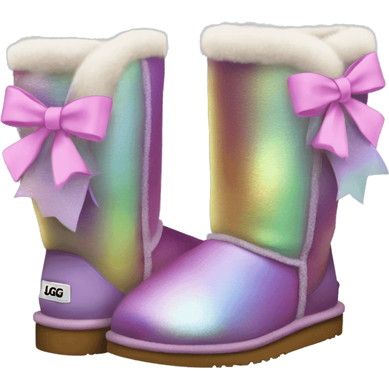 Pair of iridescent Ugg fur boots with ribbon bows. emoji