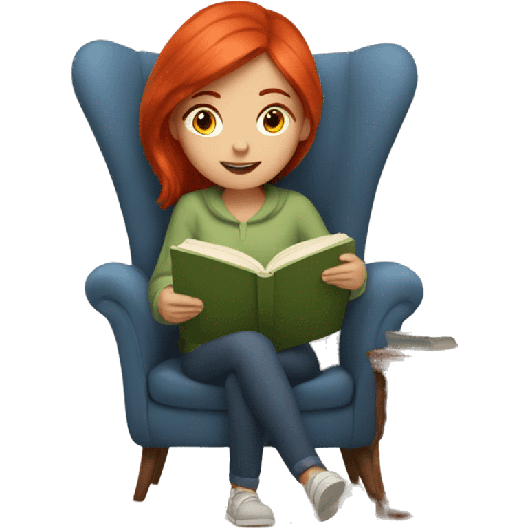 Girl with red hair reading in cozy chair emoji