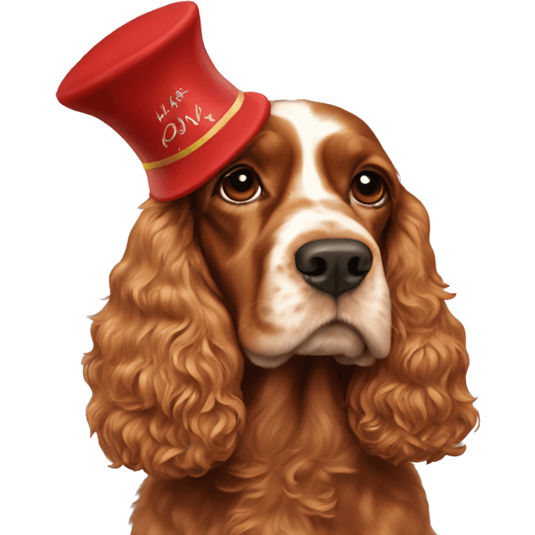 A full-length adult red cocker spaniel in a New Year's cap emoji