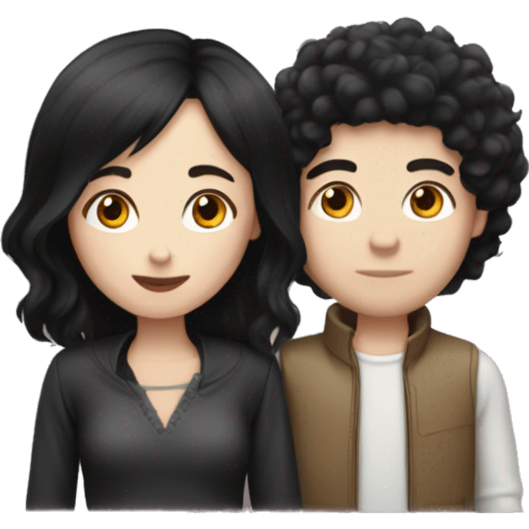 pale skin woman with black hair and tall boy with fluffly hair kissing emoji