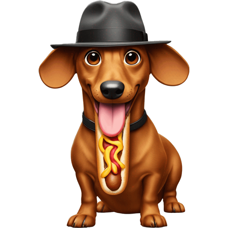 A wiener dog eating a hot dog with a fedora on emoji