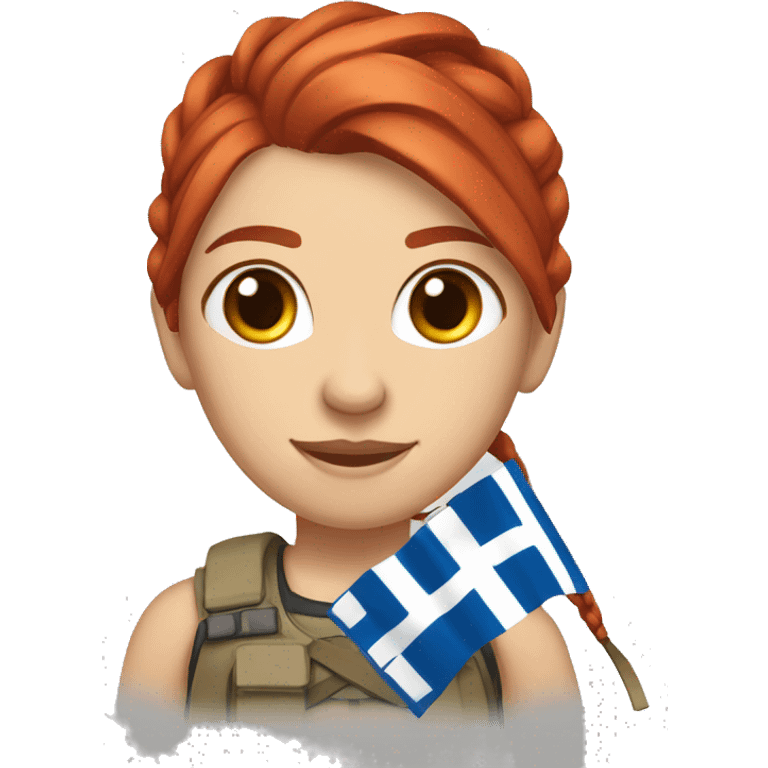 a red hair pony tail female mountain summiteer with greek flag emoji