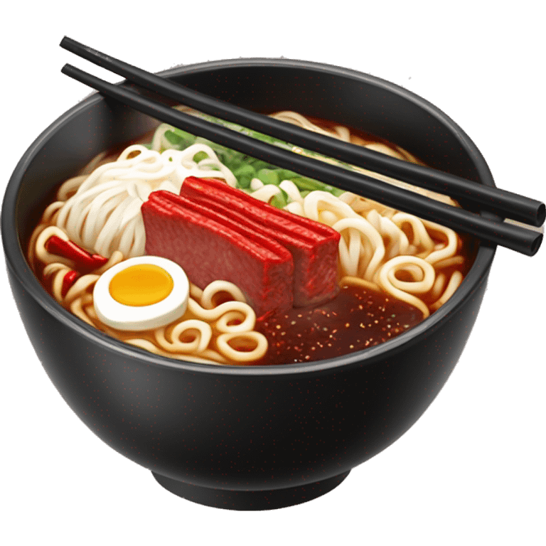 Glossy black noodle pack with red and white details, Korean lettering, and a steaming bowl of ramen on the front with noodles, meat, and chili peppers. emoji