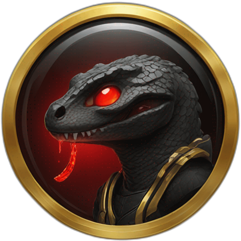 Reptiloid in black suite with red laser eyes on the gold coin emoji