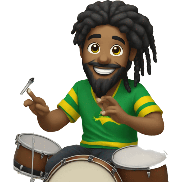 Create an image of a Brazilian drummer with tied hair, a beard, and Rastafarian style, expressing joy while playing drums in his live stream. Include the logo "GG Lukas Drummer" in the background. emoji