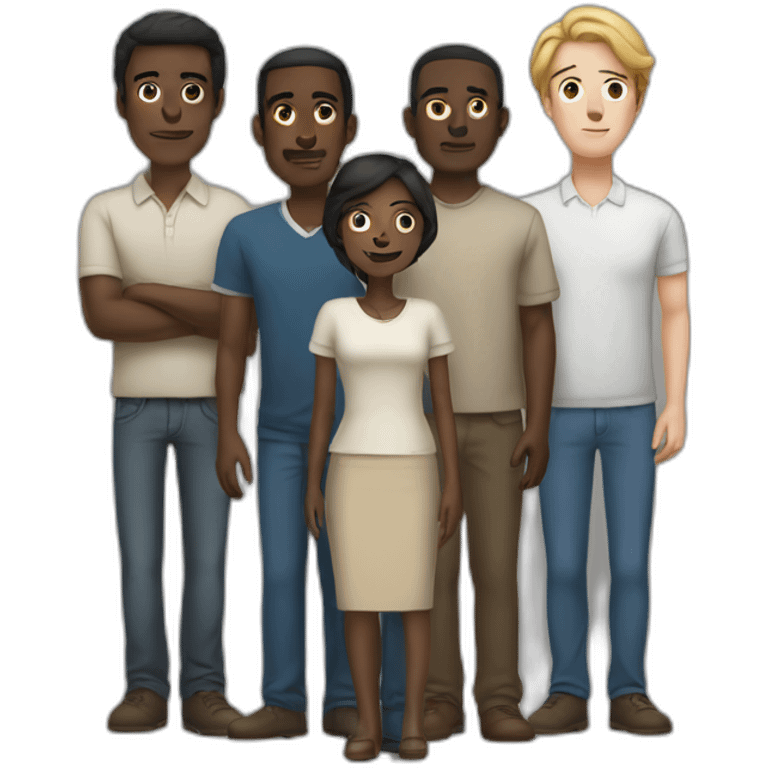 five dark-skinned men stand behind a pale woman emoji