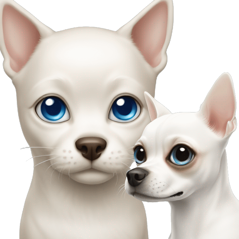 white cat with blue eyes standing next to tan chihuahua with dark eyes  emoji