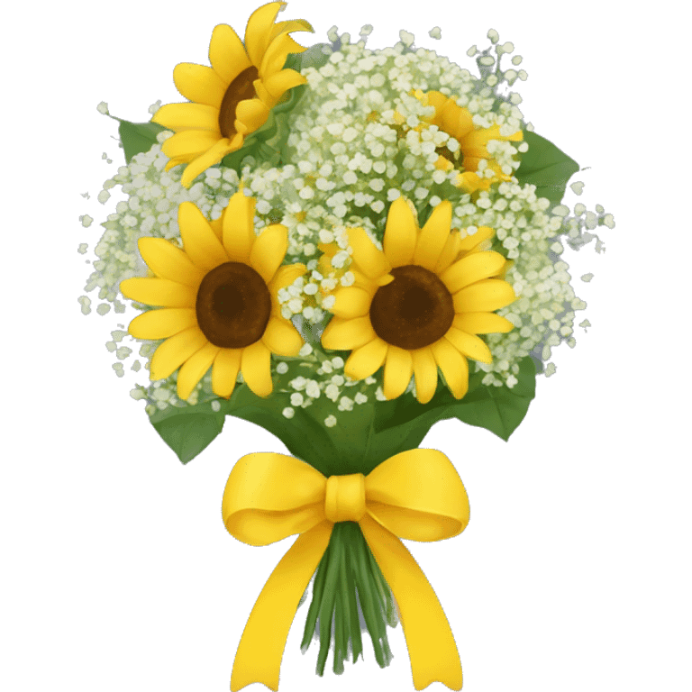 Bouquet of babies breath and sunflowers with a yellow bow wrapped around it emoji