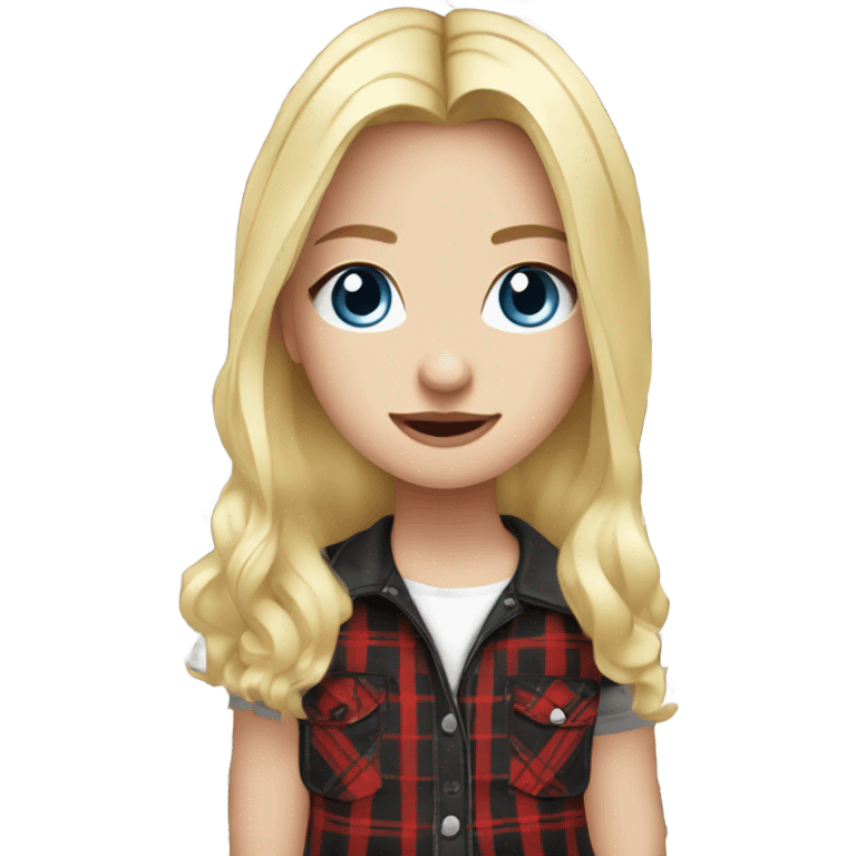 Blonde girl with blue eyes wearing black pants with a red plaid shirt and white platform converse emoji