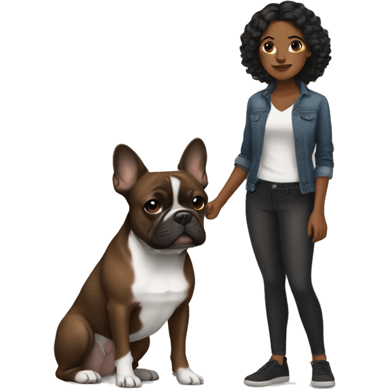 Brown woman with a black French bulldog emoji