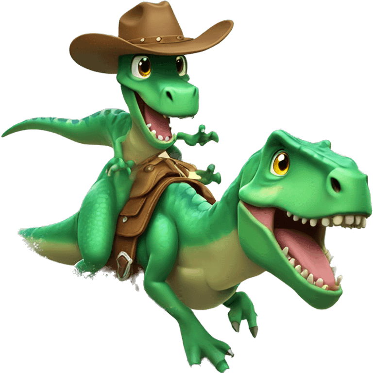 rex dinosaur surfing a wave dressed as a cowboy and his hat is green emoji